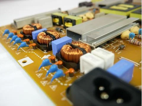 Copper wire coil on a printed circuit board, close up Foto stock