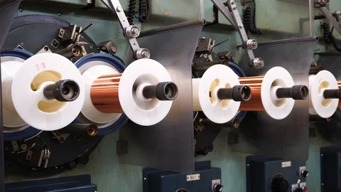 Copper Wire Manufacturing Coating Industry Enameling machine winding process . Stock Footage 104613236