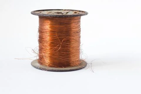 Copper wire on spool, isolated on white backgrounds, with clipping paths on w Stock Photos