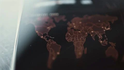 Copper world map carries multiple luminous route markers Stock Photos