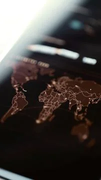Copper world map displays luminous route markers Stock Photos
