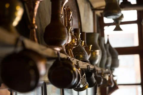Coppersmith workshop and hand made copper things, Lahich, Azerbaijan. Interior Stock Photos