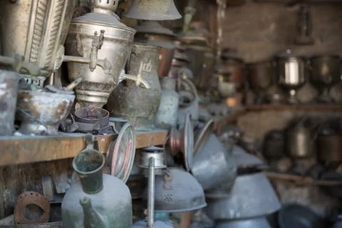 Coppersmith workshop and hand made copper things, Lahich, Azerbaijan. Interior Stock Photos
