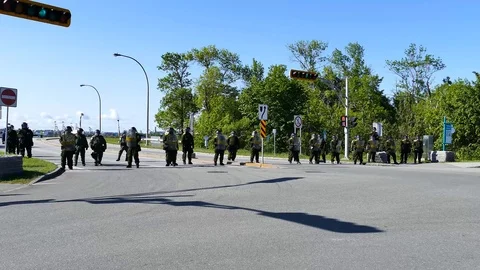 Cops blocking the entry of freeway Stock Footage 95266418