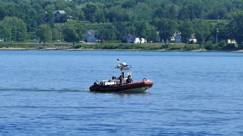 Cops boat on the water with lights Stock Footage 116106023