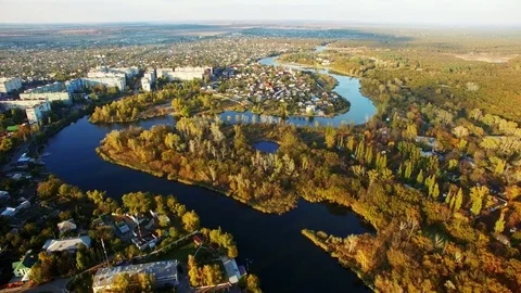 Copter. Autumn. River, forest, iron bridge. Novomoskovsk. Color grading Stock Footage 72585641