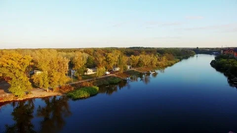 Copter. Autumn. River, forest, iron bridge. Novomoskovsk. Color grading Stock Footage 72586579