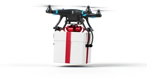 Copter Delivering a Gift Box and Placing It on the Surface on White Background Stock Footage 142607720