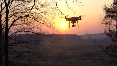 Copter drone Phantom flies at sunset Stock Footage 74282729
