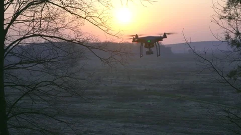 Copter drone Phantom flies at sunset Stock Footage