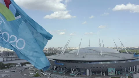 Copter flies past the UEFA flag at the 2020 FIFA World Cup and Zenit Arena Stock-Footage 155048101