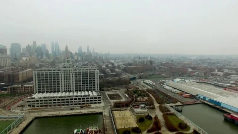 Copter flight above Hudson river. View of Manhattan island Stock Footage 80857426
