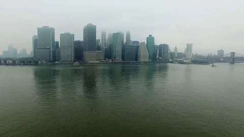 Copter flight above Hudson river to streets of New York City Stock Footage 80857741