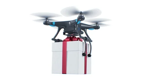 Copter Transporting a Gift Box on White Background, Sky and Green Screen Stock Footage 142877605