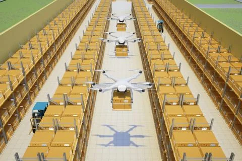 Copters with boxes above warehouse 3d rendering Stock Illustration