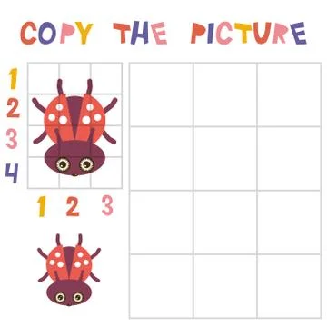 Copy the beetle ladybug picture using the grid, education game for children.  Stock Illustration