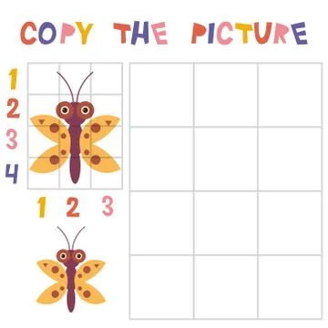Copy the butterfly picture using the grid, education game for children. Kids  Stock Illustration