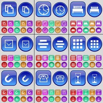 Copy, Clock, Bed, Arrow down, List, Apps, Magnet, Phone, Hourglass. A large set Stock Illustration
