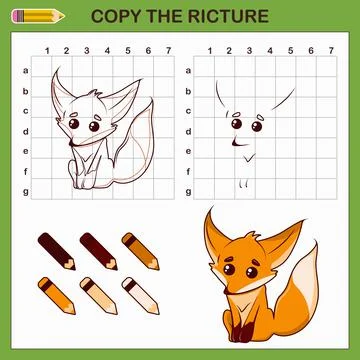 Copy drawing of Fox. Draw worksheet for kids. Stock Illustration