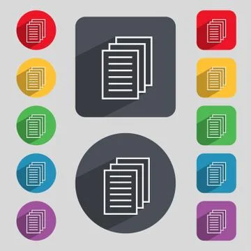 Copy file sign icon. Duplicate document symbol. Set of coloured buttons. Vect Stock Illustration