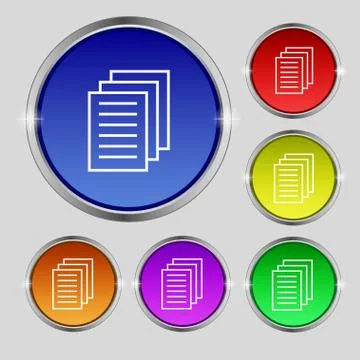 Copy file sign icon. Duplicate document symbol. Set of coloured buttons. Vect Stock Illustration