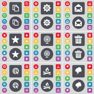 Copy, Gear, Message, Star, Wi-Fi, Trash can, Web cursor, Campfire, Lightning ico Stock-Illustration