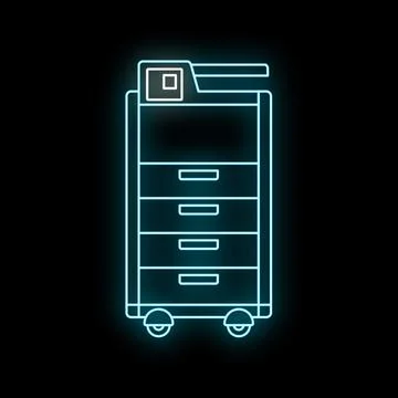 Copy machine glowing neon outline on black background Stock Illustration