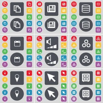 Copy, Newspaper, Database, Calendar, Volume, Gear, Checkpoint, Cursor, Bed-Table Stock Illustration