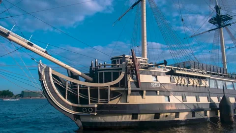 A copy of an old ship on the Neva River in St. Petersburg Stock Footage 304294928