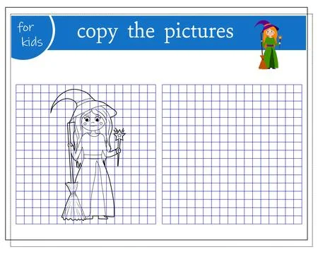 Copy the picture, educational games for children, cartoon witch stands with.. Stock Illustration