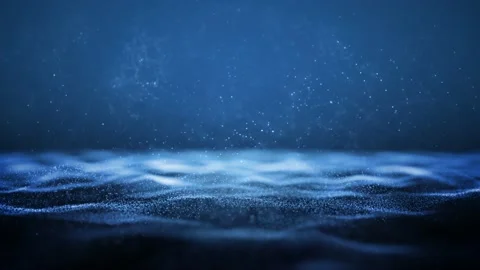 Copy space abstract sea waves flickering dots and lines dark blue background Stock Footage