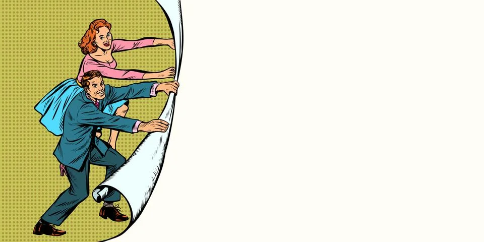 Copy space background with man and woman unfolding paper backgro Stock Illustration