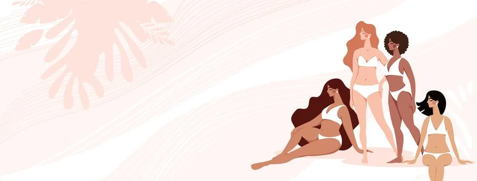 Copy space background with multiracial group of girls in lingerie for beaut.. Stock Illustration