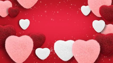 Copy space centre. Puffy red hearts fly on red background. Concept: valentine's  Stock Illustration