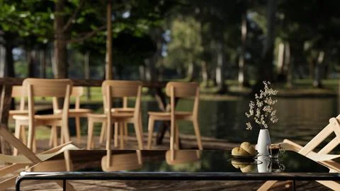 Copy space on a coffee table with a blurred background of a dining table in.. Ilustración de archivo