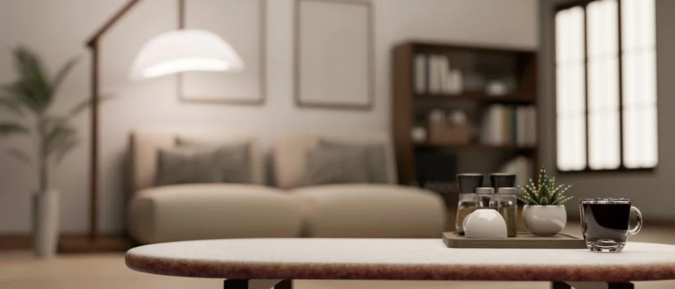 Copy space on a coffee table in a modern and cosy living room. blurry backg.. Stock Illustration
