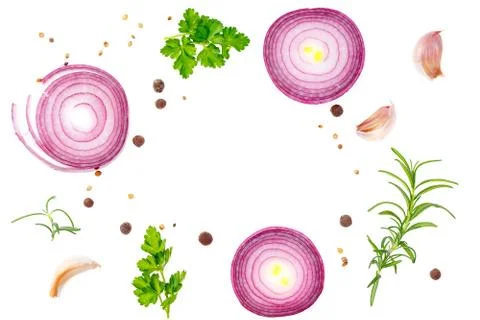 Copy space in composition with red onion and spices isolated on white backg.. Fotos de archivo