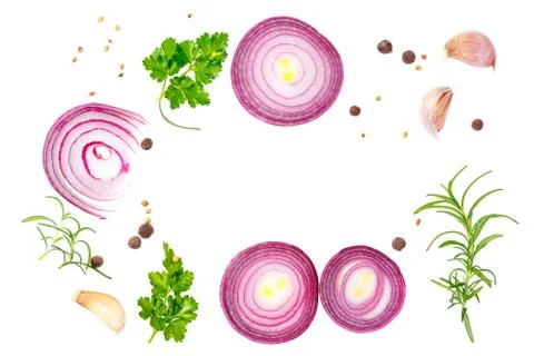 Copy space in composition with red onion and spices isolated on white backg.. Stock Photos