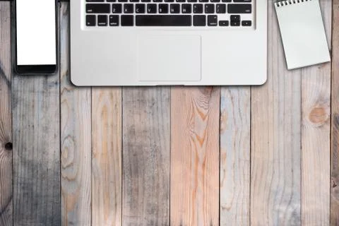 Copy space, Computer laptop working on wooden table, Mock up on screen mobile Stock Photos
