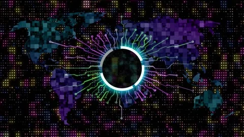 Copy space digital moving circle icon on world map abstract background Stock Footage 253554469