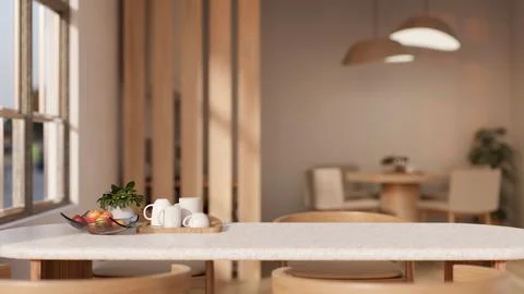 Copy space on a dining table in a cosy Scandinavian dining room in a cafe o.. Stock Illustration