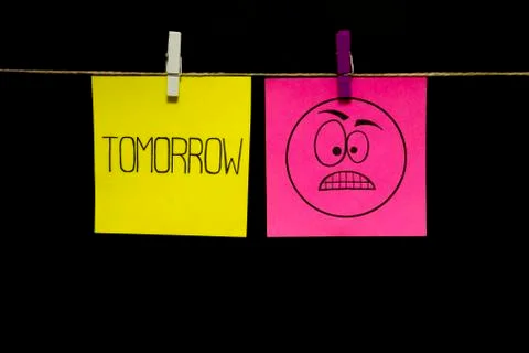 Copy space. Emotion. Two stickers. Left on a yellow sheet inscription tomorrow Stock Photos