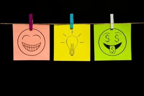 Copy space. Emotions. Three multicolored stickers. Festive mood. Lamp as a 스톡 사진