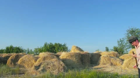 Copy space. Farmer mows grass against hay background. loop shot 動画素材 136206806
