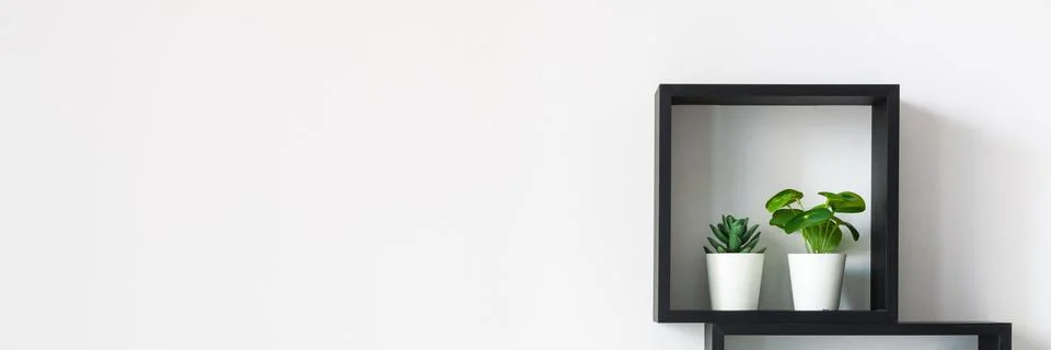 Copy space. Geometric composition. Square shelves against a white wall. Stock Photos