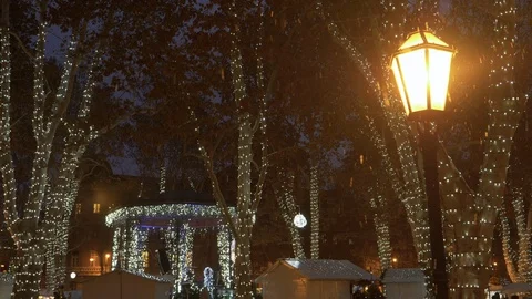 COPY SPACE: Lamp lights up the festive Christmas park on a cold night in Zagreb. Stock Footage 120187787