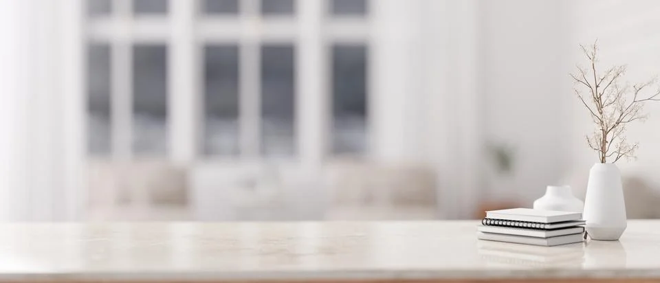 Copy space on a marble tabletop with a blurred background of a modern white.. 스톡 일러스트
