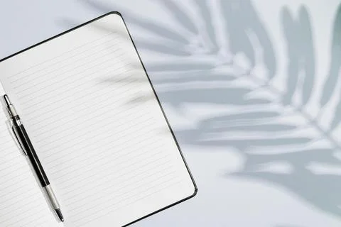 Copy space notebook with leaves shadow Stock Photos
