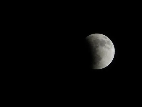 Copy Space, Partial Lunar Eclipse Moon Details in Clear Dark Night Sky Stock Photos
