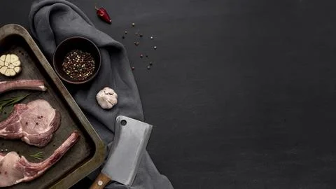 Copy space raw meat baking pan Stock Photos